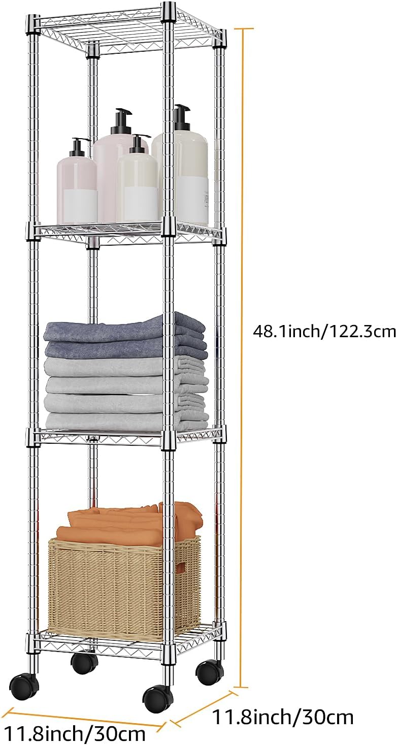 Storage Shelves Adjustable, 4 Tier Shelving Units for Storage with Wheels, Corrosion Resistant Wire Shelving Unit for Kitchen Closet Bathroom Office, Chrome 11.8" D x 11.8" W x 48.1" H