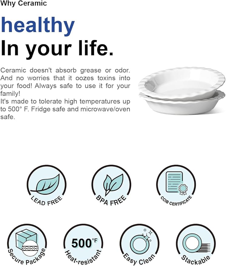 LE TAUCI Ceramic Pie Pans for Baking, 9 Inches Pie Plate for Apple Pie, Round Baking Dish, 36 Ounce Fluted Dish Pie Pan, Set of 2, White