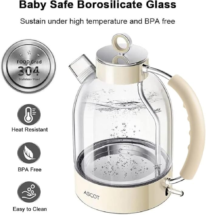 ASCOT Electric Kettle, Glass Electric Tea Kettle Gifts for Men/Women/Family 1.5L 1500W Borosilicate Glass Tea Heater, with Auto Shut-Off and Boil-Dry Protection (Beige)