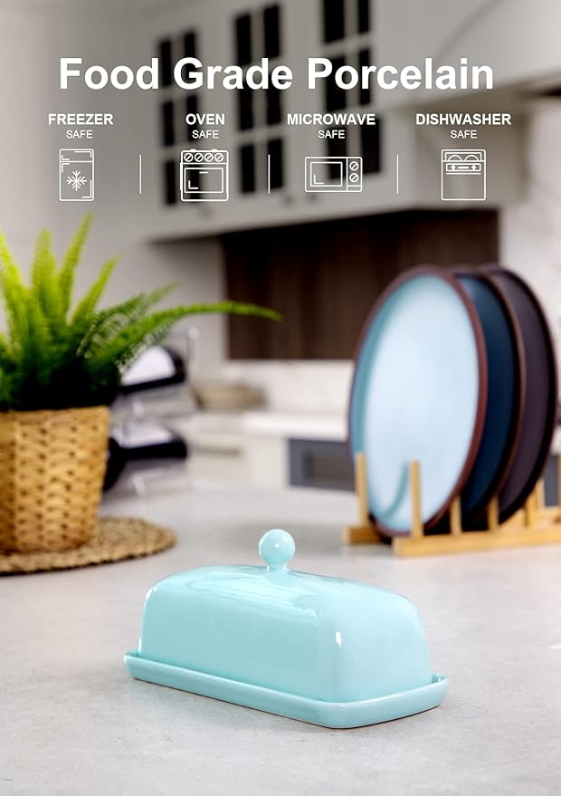Nucookery Ceramic Butter Dish with Lid | Raised Legs and Non-Slip Strip Design | Porcelain Health | Dishwasher Safe, Lake Blue