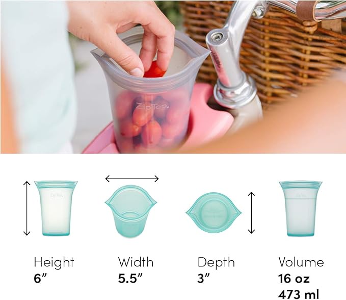 Zip Top Reusable Food Storage Bags | Medium Cup [Teal] | Silicone Meal Prep Container | Microwave, Dishwasher and Freezer Safe | Made in the USA