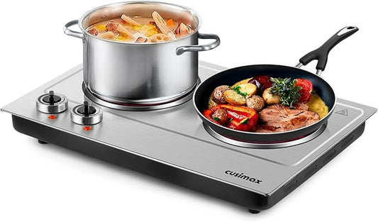 Hot Plate,Cusimax Dual Infrared Burner, Electric Ceramic Glass Stove,Adjustable Temperature Control,Stainless Steel,Compatible of all Cookware,Easy Clean for Home, Dorm, Office