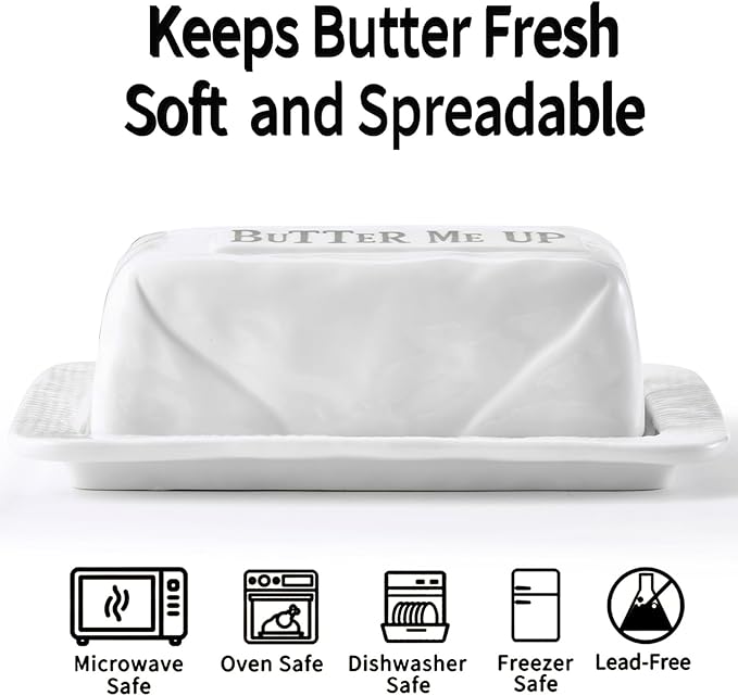 Butter Dish with Lid for Countertop, 7.2" x 4.7" Ceramic Butter Keeper Container, White Butter Holder Tray for East West Coast Butter Stick, Microwave & Dishwasher Safe