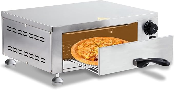 ROVSUN Electric Pizza Oven, 110V 1100W Stainless Steel Pizza Baker with Auto Shut-off, Handle, Removable Crumb Tray, Countertop Pizza Maker for Kitchen Commercial Home-Silver