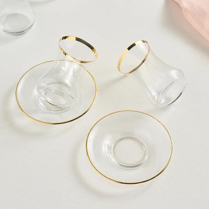 KARACA Sydney Glass Turkish Tea Set for 6 People, Gold, 12 Pieces Tea Service, 6 Turkish Tea Glasses with Saucers, Glass, 5.4 fl oz Tea Plates/Saucers