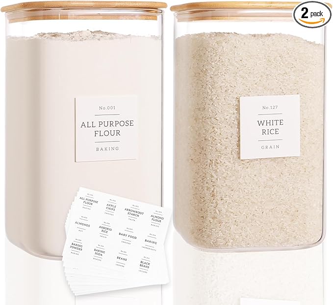 2 Pack Square Glass Flour and Sugar Containers with 132 Kitchen Pantry Labels - Thicken 149 FL OZ Large Glass Storage Jars with Airtight Bamboo Lid - Big Food Canisters for Rice, Pasta, Cookie