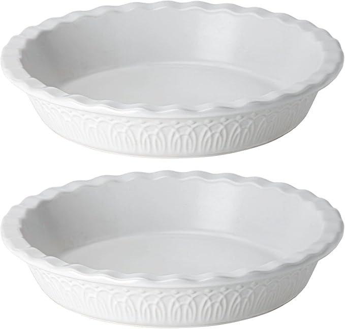 Fun Elements Ceramic Pie Pan, 9 Inch Pie Dish for Baking, Ruffled Pie Plate, Non-Stick Deep Dish Pie Pan for Apple Pie and Pot Pie, Thanksgiving Christmas Gifts, Set of 2, White
