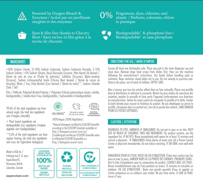 Unscented Dishwasher Pods by AspenClean, Dye-Free, Zero Plastic, EWG Verified™, Vegan, Eco-Friendly, Natural Dishwasher Detergent - 28 Count