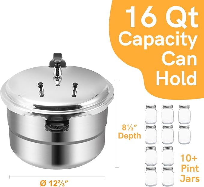 BreeRainz 16 Quart Pressure Cooker, 10 Psi Induction Compatible Pressure Canner w/Triple Valves & Auto Lock System, Steamer Rack Included