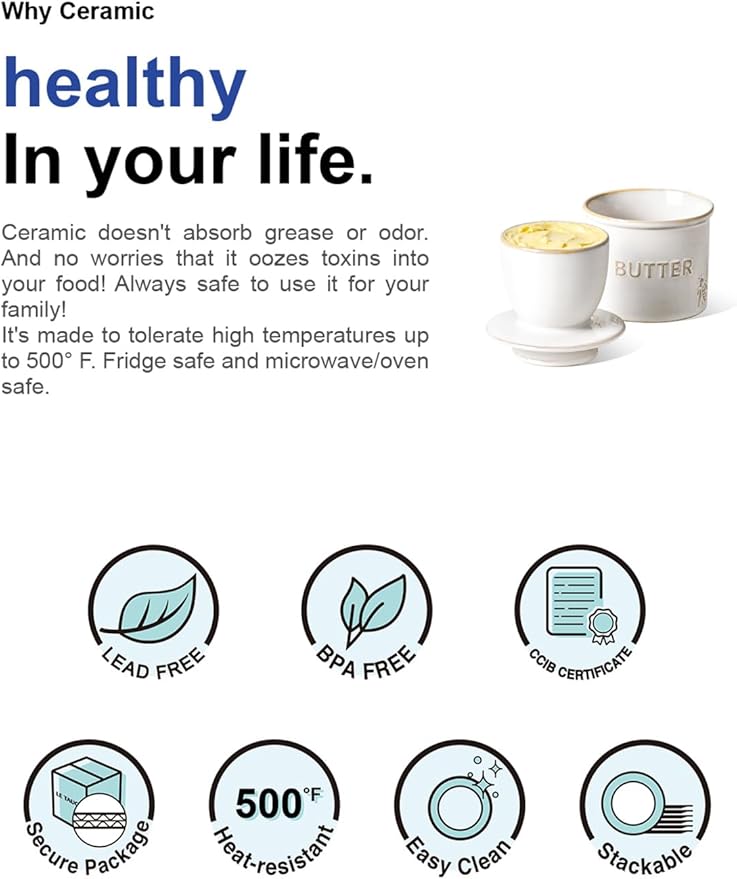 LE TAUCI Butter Crock, Butter Dish with Lid, Butter Container for Counter with Water Line, Embossed French Butter Keeper for Spreadable Butter, Suit For Housewarming - Set of 1, Arctic White, Bee