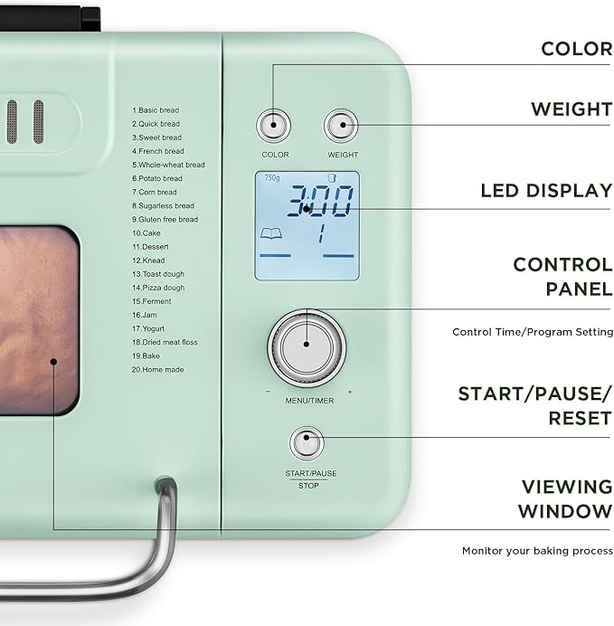 Neretva 20-IN-1 Bread Maker, Dual Heater 2LB Bread Machine Stainless Steel Bread Maker Machine Nonstick Ceramic Pan Compact for Gluten Free/Sourdough/Whole Wheat Bread/Yogurt, Breadmaker-Light Green