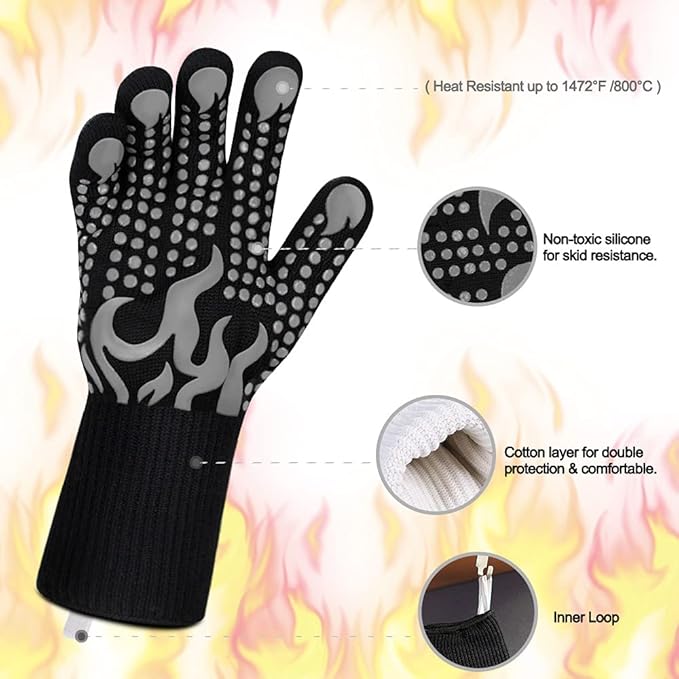 Comsmart BBQ Gloves, 1472 Degree F Heat Resistant Grilling Gloves Silicone Non-Slip Oven Gloves Long Kitchen Gloves for Barbecue, Cooking, Baking, Cutting(Gray)