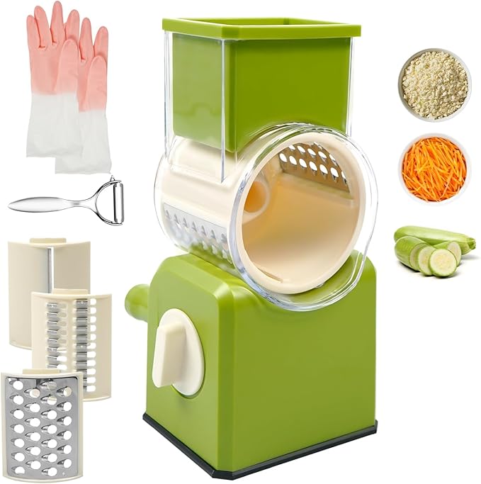 3 in 1 Cheese Grater, Rotary Cheese Grater with Handle for kitchen, Vegetable Slicer with 3 Replaceable Stainless Steel Blades,Peeler and Rubber Gloves (Green)