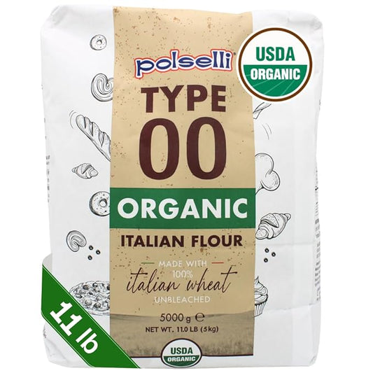 POLSELLI Organic Flour, Type 00, 100% Italian Grain, Double Zero Flour, OO Extra Fine, BIO, Neapolitan Italian Pizza, Bread, Pasta, All Natural, Unbleached, All-Purpose Flour, Unbromated, No Additives