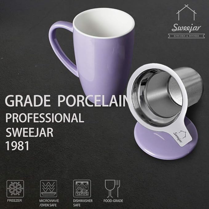 Sweejar Porcelain Tea Infuser Cup with Lid, 16 oz Tea Cup with Strainers for Loose Leaf Tea, Microwave and Dishwasher Safe Coffee Mug, Tea Steeping Mug for Tea Drinkers,Christmas Gift (Purple)