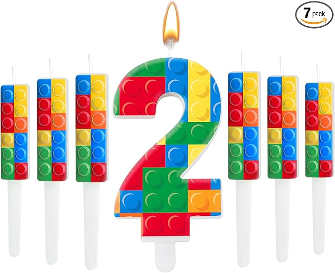 AXBMM 7 Pcs Building Block Themed Birthday Candles Set Building Blocks Number 2 Candle Cake Topper for Building Block Party Decoration Supplies (Number 2)