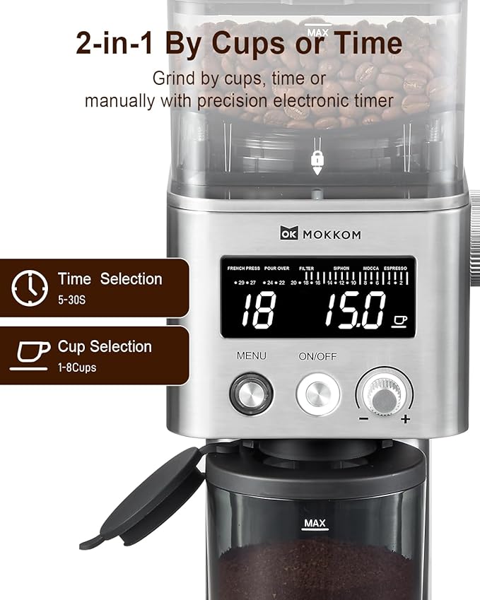 MOKKOM Coffee Grinder with 31 Precise Settings, Anti-Static, Quiet Conical Burr Coffee Bean Grinder for Home Use, Stainless Steel, 30 Seconds Timer & 1-8 Cup, LCD Display, Easy to Clean