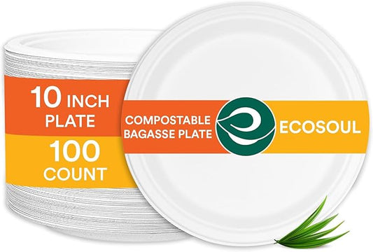 ECO SOUL Pearl White 10 Inch [100-Pack] Paper Plates | 100% Compostable Disposable Bagasse I Heavy-Duty Eco-Friendly Dinner Plates I Biodegradable Sugarcane Eco Plates | Microwavable