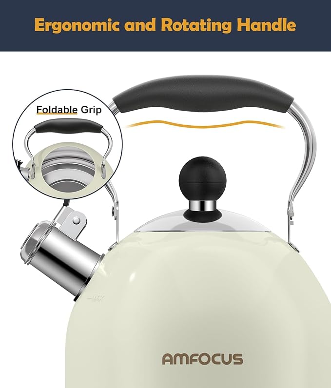 Tea Kettle, 2 Quart Stainless Steel Whistling Tea Kettle, Stovetop Whistling Teakettle Tea Pots for Stove Top with Ergonomic Folding Handle, Small Teapot, Water boiler for Tea, Coffee (White)
