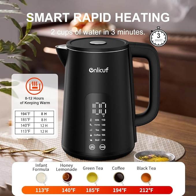 Temperature Control Electric Kettle, Long-term Keep Warm 304 SS Interior 1.7 L Electric Tea Kettle & Hot Water Boiler with Real Time Display,Auto-Off & Boil-Dry Protection, BPA Free