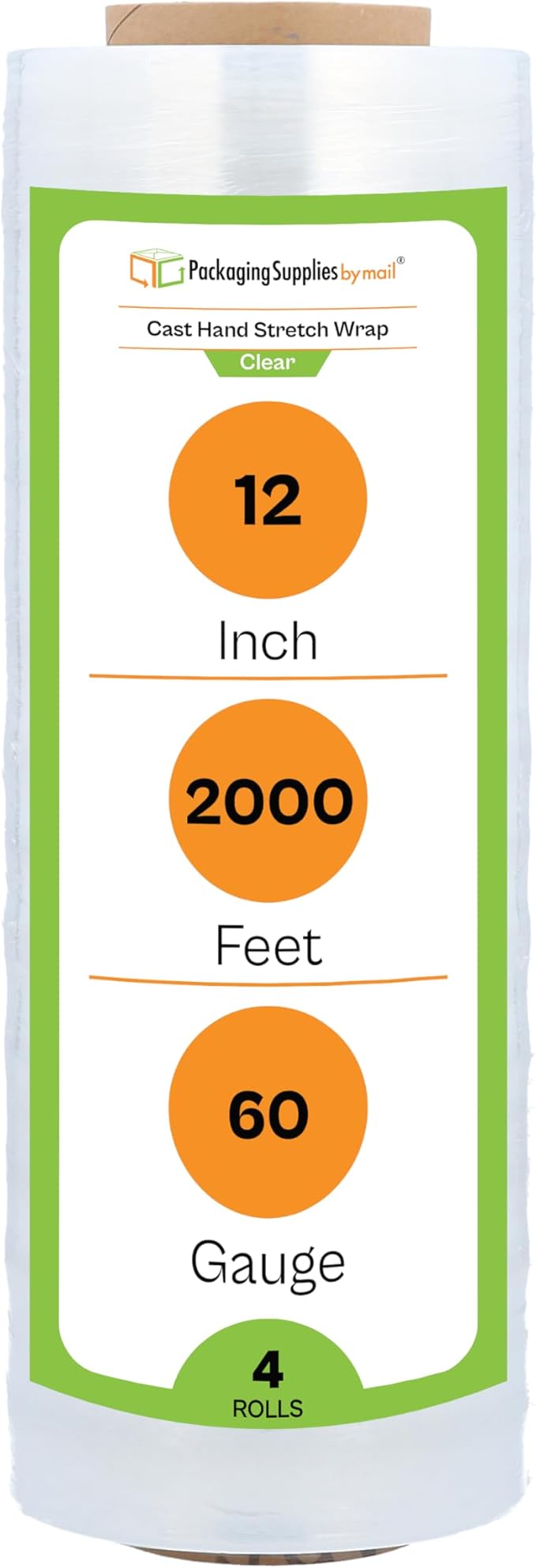PSBM Stretch Wrap, 4 Pack, 12 Inch x 2000 Feet, 60 Gauge, Clear Plastic Cling, Cast Hand Stretch Film Rolls for Packaging Moving Packing Pallets