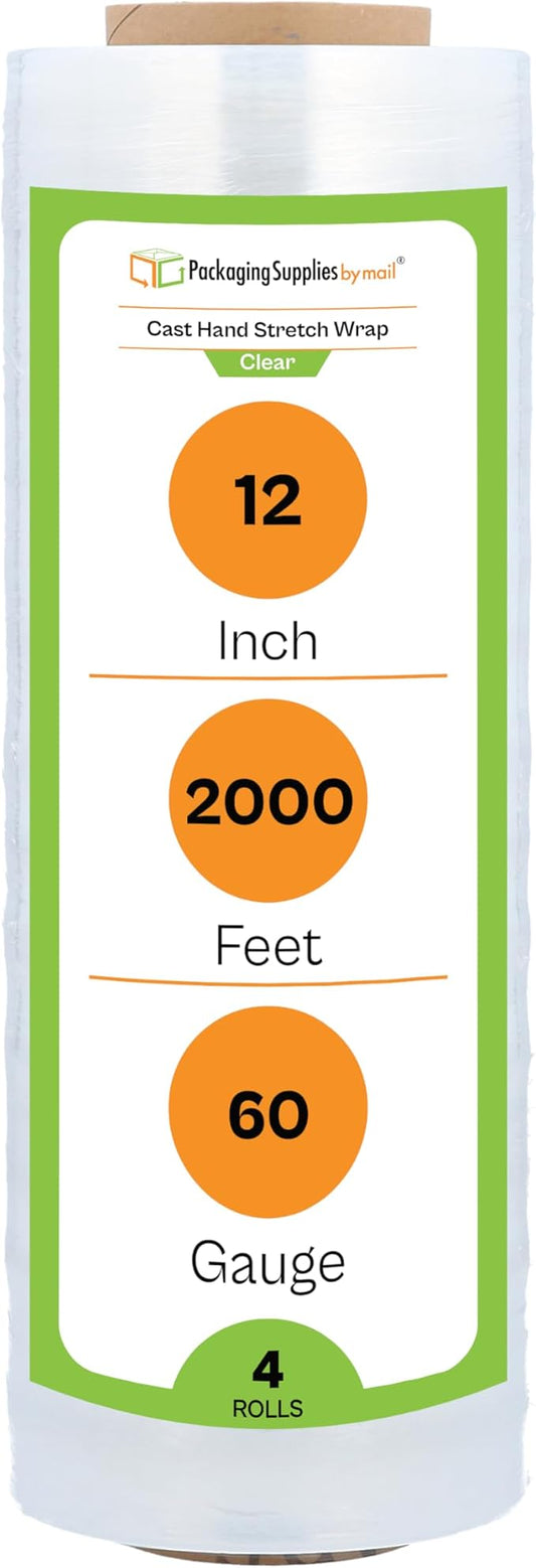 PSBM Stretch Wrap, 4 Pack, 12 Inch x 2000 Feet, 60 Gauge, Clear Plastic Cling, Cast Hand Stretch Film Rolls for Packaging Moving Packing Pallets