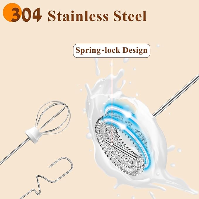 Milk Frother Handheld Rechargeable, Frother Wand Drink Mixer Electric Whisk for Coffee, Detachable With 3 Stainless Whisks, Hand Mixer for Lattes, Cappuccino, Matcha, Egg, No Stand, White