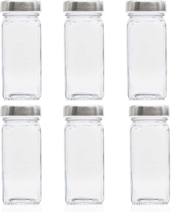 6pcs Spice Jars, 4 oz Glass Seasoning Bottles, Spices Container, Empty Spice Jars, Square Spice Bottles with Airtight Stainless Steel Caps with Shaker Lid