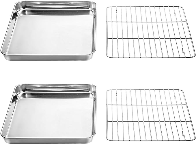 Wildone Baking Sheet with Rack Set [2 Sheets + 2 Racks], Stainless Steel Cookie Pan baking Tray with Cooling Rack, Size 12 x 10 x 1 Inch, Non Toxic & Heavy Duty & Easy Clean