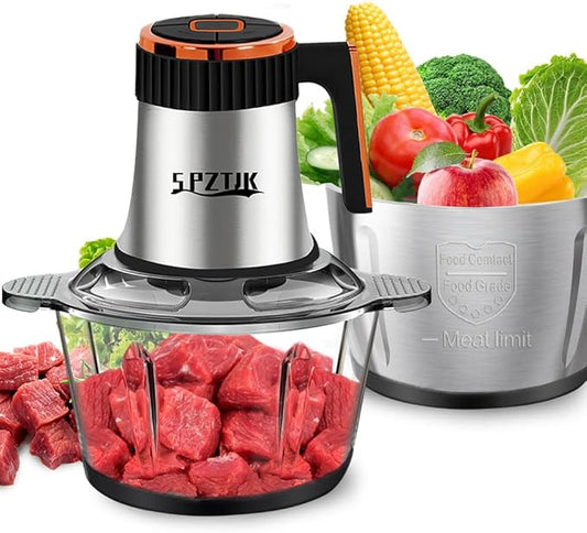 Food Processor, 5-Speed Electric Food Chopper with Vegetable Chopper & Meat Grinder - 2 Bowls (8 Cup Stainless Steel+8 Cup Glass), 300W, 2 Sets of 4 Bi-Level Blades for Vegetable/Fruits/Meat