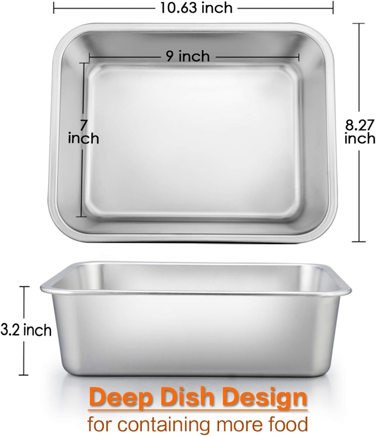 Lasagna Pan Set of 2, E-far Rectangular Deep Cake Baking Pans, Small Roaster Baking Dish Stainless Steel, 10.6x8.3x3.2 Inches, Non-Toxic & Heavy Duty, Dishwasher Safe