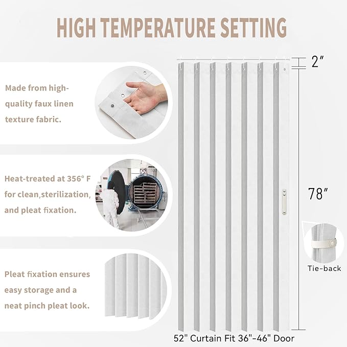 Vatge Door Curtains for Doorways, Accordion Style Curtain for Closet Doors, Temporary Doors for A Room Privacy, 1 Panel with Tieback, W52 x L78, Stone White