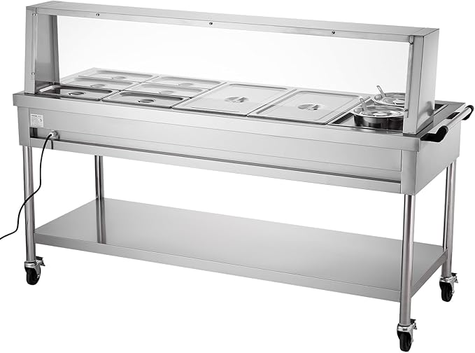 VEVOR Commercial Food Warmer, 8 Pans + 2 Pots Electric Steam Table, 1800W Professional Buffet Catering Food Warmer with Shield Undershelf Wheels, Stainless Steel Server for Party Restaurant