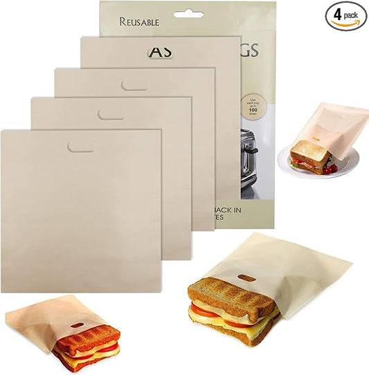 Toaster Bags Reusable for Grilled Cheese Sandwiches | Safest On The Market - 100% BPA & Gluten Free | Non Stick Toast Bag (4PCS)