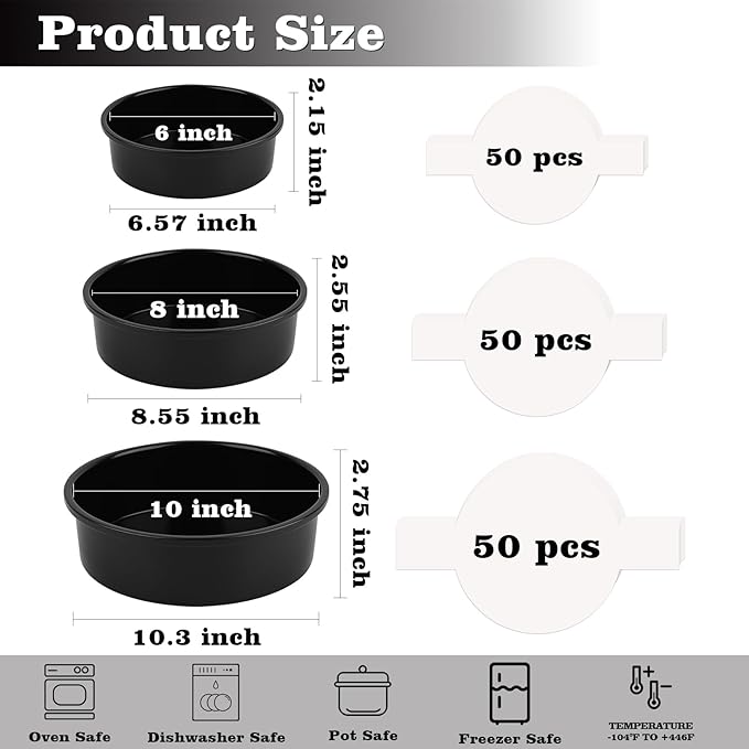 HUAKENER 3 Pack Round Cake Pans, 6" 8" 10 Inch Circle Cake Pan with 150 Pieces Parchment Paper, Non-stick Cake Baking Pans, Dishwasher Safe