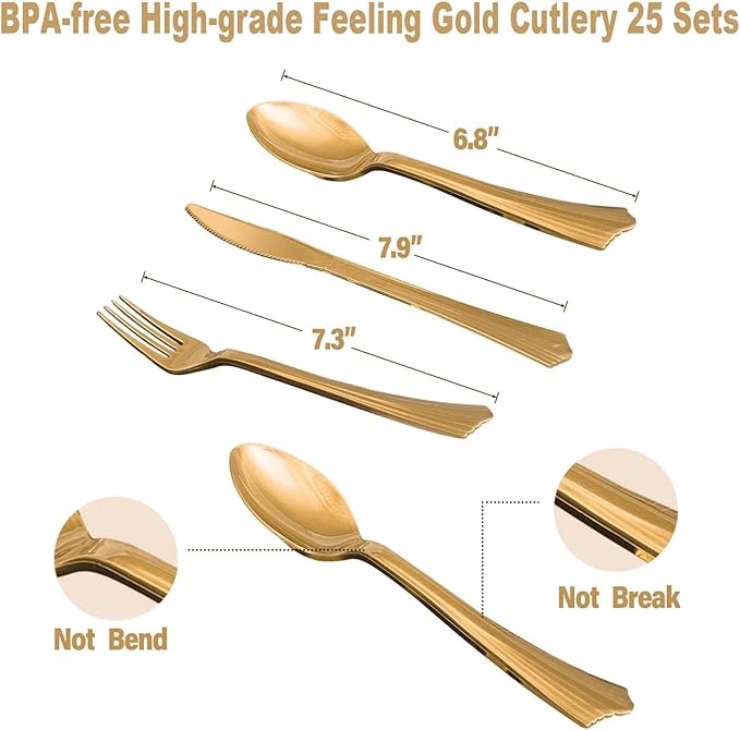 AIRE 175PCS Black and Gold Plates Party Supplies Dinnerware Sets for 25 Guests, Disposable Paper Party Plates, Dessert Plates, Cups, Napkins, Plastic Spoons, Forks, Knives for Wedding, Birthday