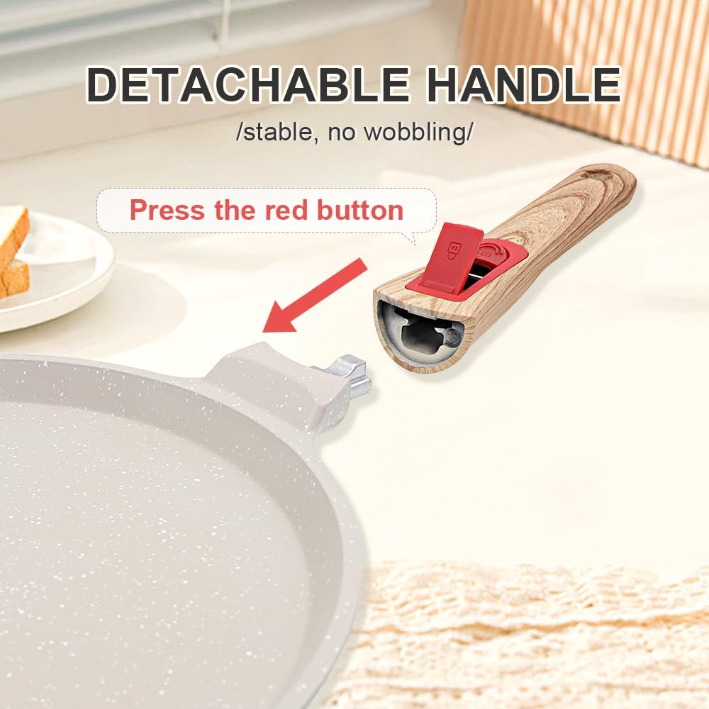 Non Stick Crepe Pan with Detachable Handle, 8 Inch Cast Aluminium Dosa Tawa Tortilla Pan, Pancake Pan Induction Compatible - White