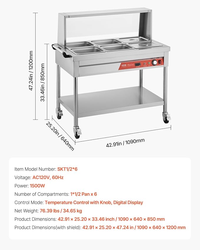 VEVOR 6-Pan Commercial Food Warmer, 6 x 1/2 Pans Electric Steam Table, 1500W Professional Buffet Catering Food Warmer with Shield Undershelf Wheels, Stainless Steel Server for Party Restaurant