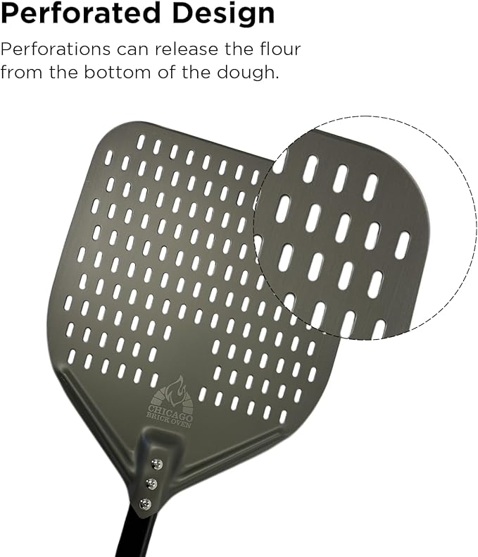 Perforated Pizza Peel - 12"x15" Anodized Aluminum Pizza Steel, 32" Handle, 47" Overall Length - Ideal Pizza Turning Peel for Pizza Oven, Brick Oven, Baking Bread