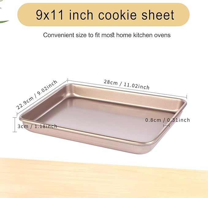 Baking Sheet Tray 9 x 11 Inch Cookie Sheet Nonstick, 2-Pack Heavy Duty Small Baking Pans, Carbon Steel, Gold - Bakeware Sets for Cookies, Roasting, Oven Safe, Easy to Clean