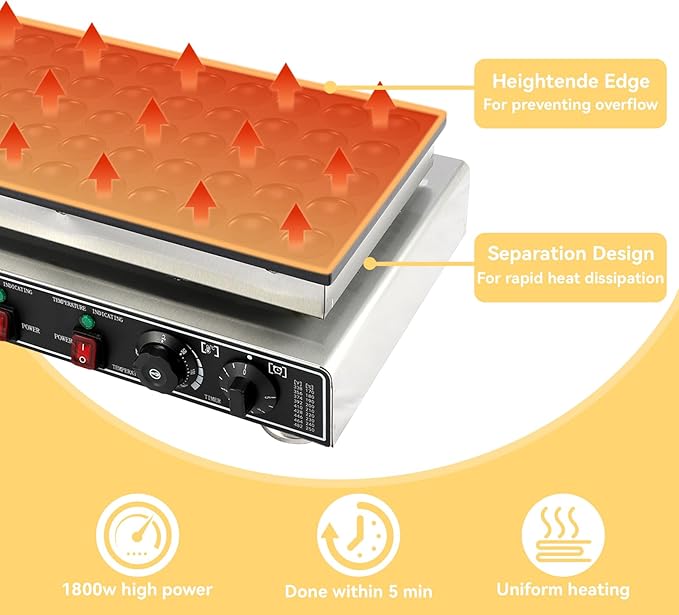 50 PCS Mini Pancake Maker Machine, 1800W Commercial Electric Dutch Pancake Maker, Nonstick Waffle Iron for Home, Restaurants, Food Trucks – Precise Temp & Timer Control