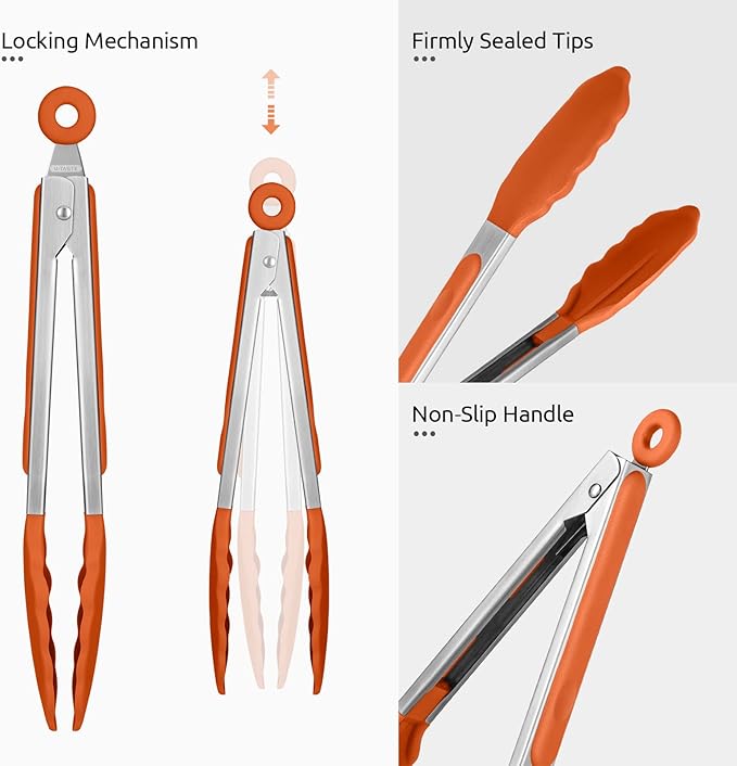 Heat Resistant Silicone Kitchen Tong: U-Taste 9 inch 480ºF Hot Proof Cooking Tong with Firm Sealed Non Stick Rubber Tips & Silicon Coated Steel Handle & Smooth Locking for Serving Grill Salad (Orange)