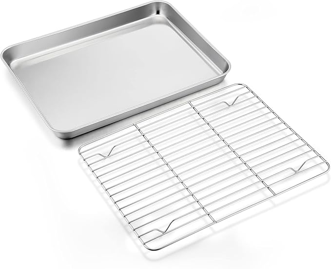 Stainless Steel Baking Sheet with Rack Set, E-far 12.4”x9.7” Cookie Sheet Broiling Pan for Oven, Rimmed Metal Tray with Wire Rack for Cooking/Baking/Cooling/Bacon, Non-toxic & Dishwasher Safe