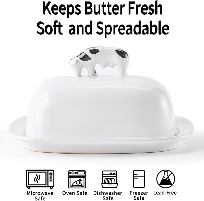 Butter Dish with Lid for Countertop, 7.8" x 6.3" Large Ceramic Butter Keeper Container with Cow Handle, White Butter Holder Tray for East West Coast Butter Stick, Microwave & Dishwasher Safe