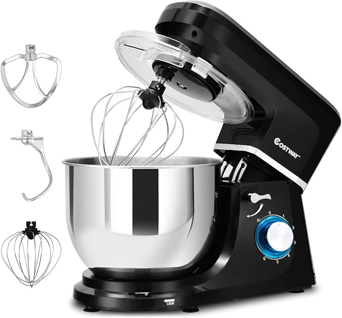 COSTWAY Stand Mixer, 7.5-Quart 660W 6-Speed Electric Mixer with Stainless Steel Bowl, Tilt-head Food Mixer with Dough Hook, Beater, Whisk (Black)