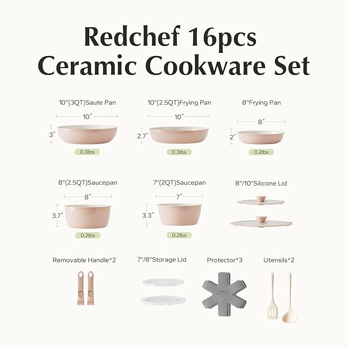 Redchef 16pcs Ceramic Pots and Pans Set Non Stick, Nonstick Kitchen Cookware Set with Detachable Handle, Non Toxic, PFAS PFOA & PTFE Free, RV Cookware Set for Camping, Dishwasher/Oven Safe (Pink)