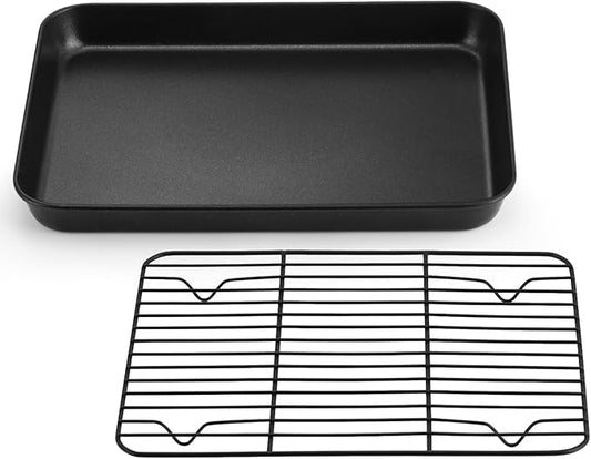 P&P CHEF Baking Oven Sheet Pan with Rack for Cookie, Nonstick Oven Tray and Cooling Rack for Baking & Roasting, Easy Clean, Black, 10.4 x 8 Inch