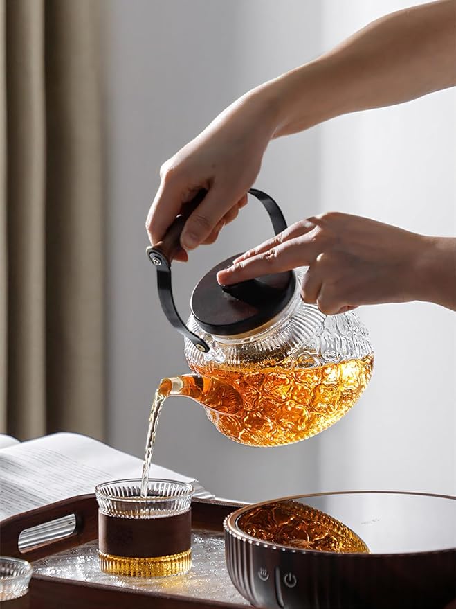 IwaiLoft Stovetop Safe Glass Teapot with Malus Spectabilis Pattern Removable Infuser Fine Borosilicate Tea Pot perfect for Fruit Flowering Tea Canister Premium Quality Tea Kettle Gift(Transparent)