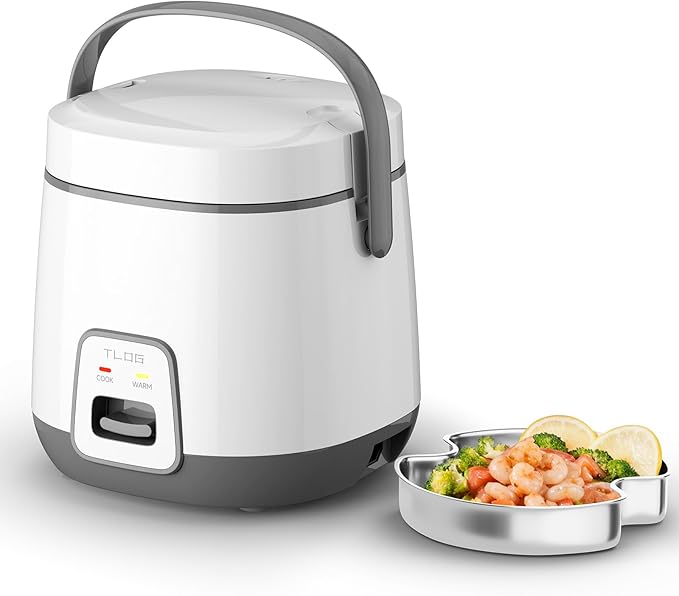 TLOG Mini Rice Cooker 2-Cup Uncooked(4-Cup cooked), Healthy Non-stick Coating 1.2L Small Rice Maker for 1-3 People, Portable Travel Fast Cooker with Steam Tray, Rice Maker for Grains, White Rice, Oatmeal, Veggies