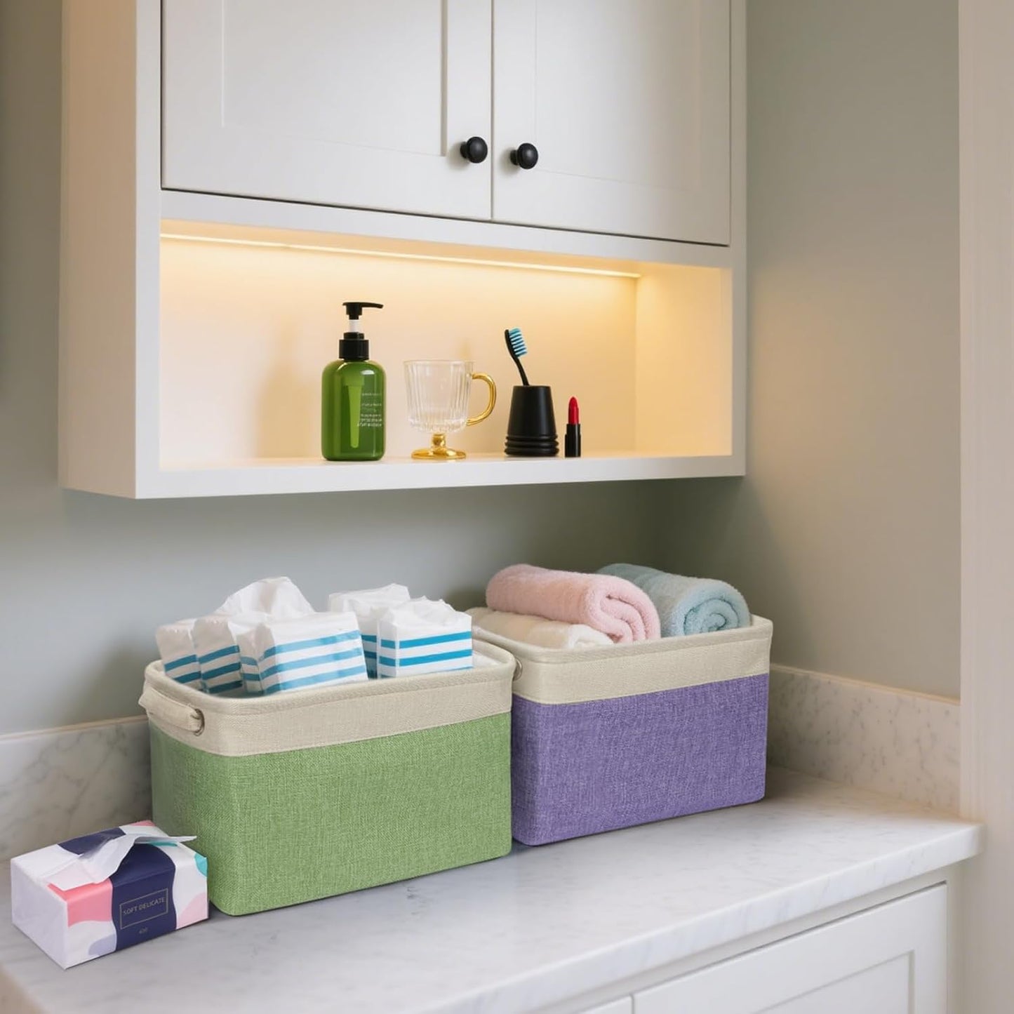 BALEINE 4 Pack Fabric Storage Bins for Shelves, Linen Storage Baskets for Organizing, Decorative Closet Bins for Clothes, Home (Brown, 12"x8"x8")